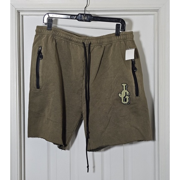 John Gieger Logo Sweat Shorts Size XL Olive Green Cut Off Zip Pockets Streetwear